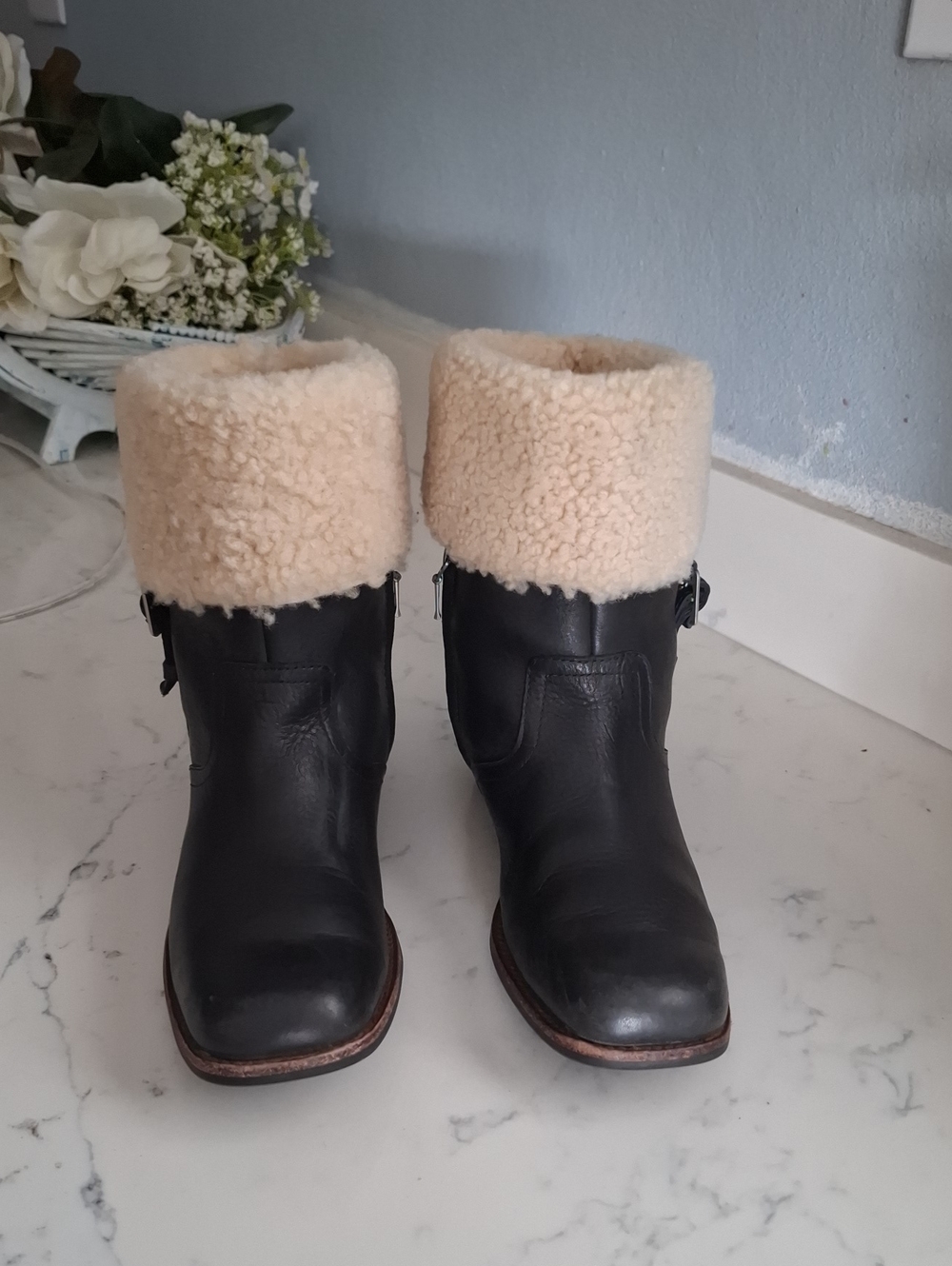 UGG Black Leather Ankle Boots with Cream Shearling Cuff